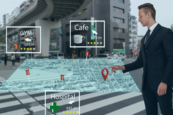 Man standing in the city with a virtual map next to him.